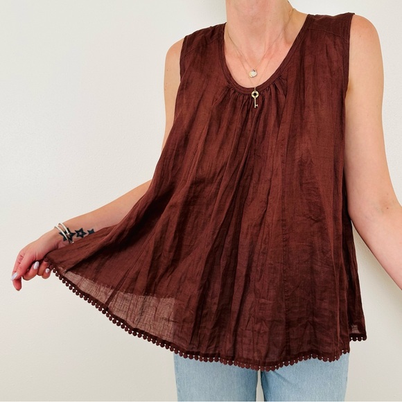Zara Brown ramie passementerie boho Sleeveless buttoned back Blouse top - Picture 2 of 15